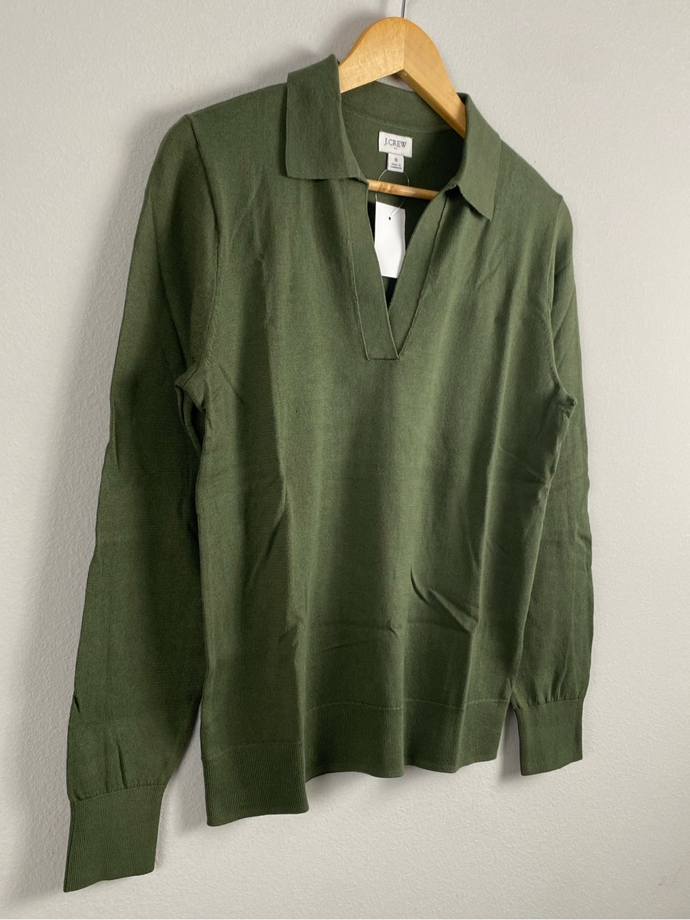 J. Crew Factory Cotton Long Sleeve Open Collar Sweater Polo | Distressed Fatigue - Picture 7 of 16